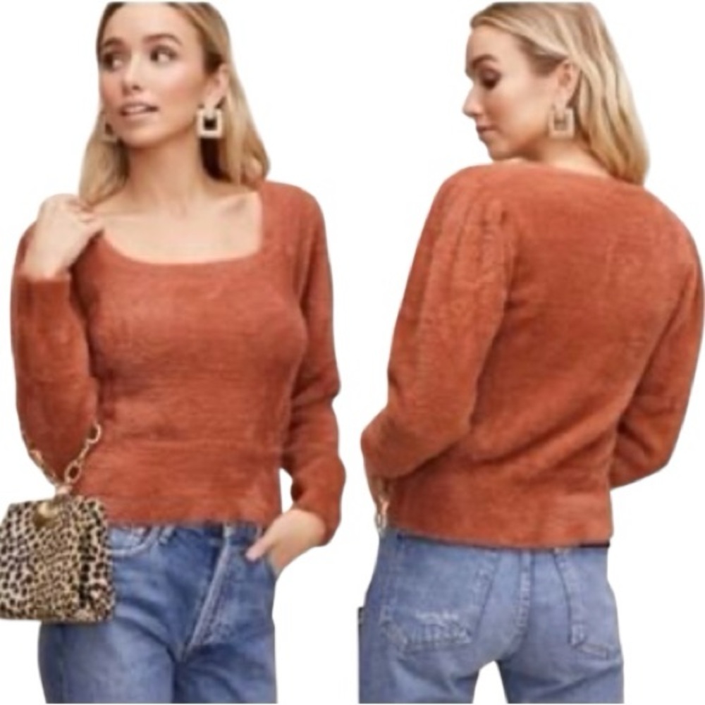 ASTR The Label Fuzzy Cropped Square Neck Puff Sleeve Sweater Terracotta Sz L-EUC